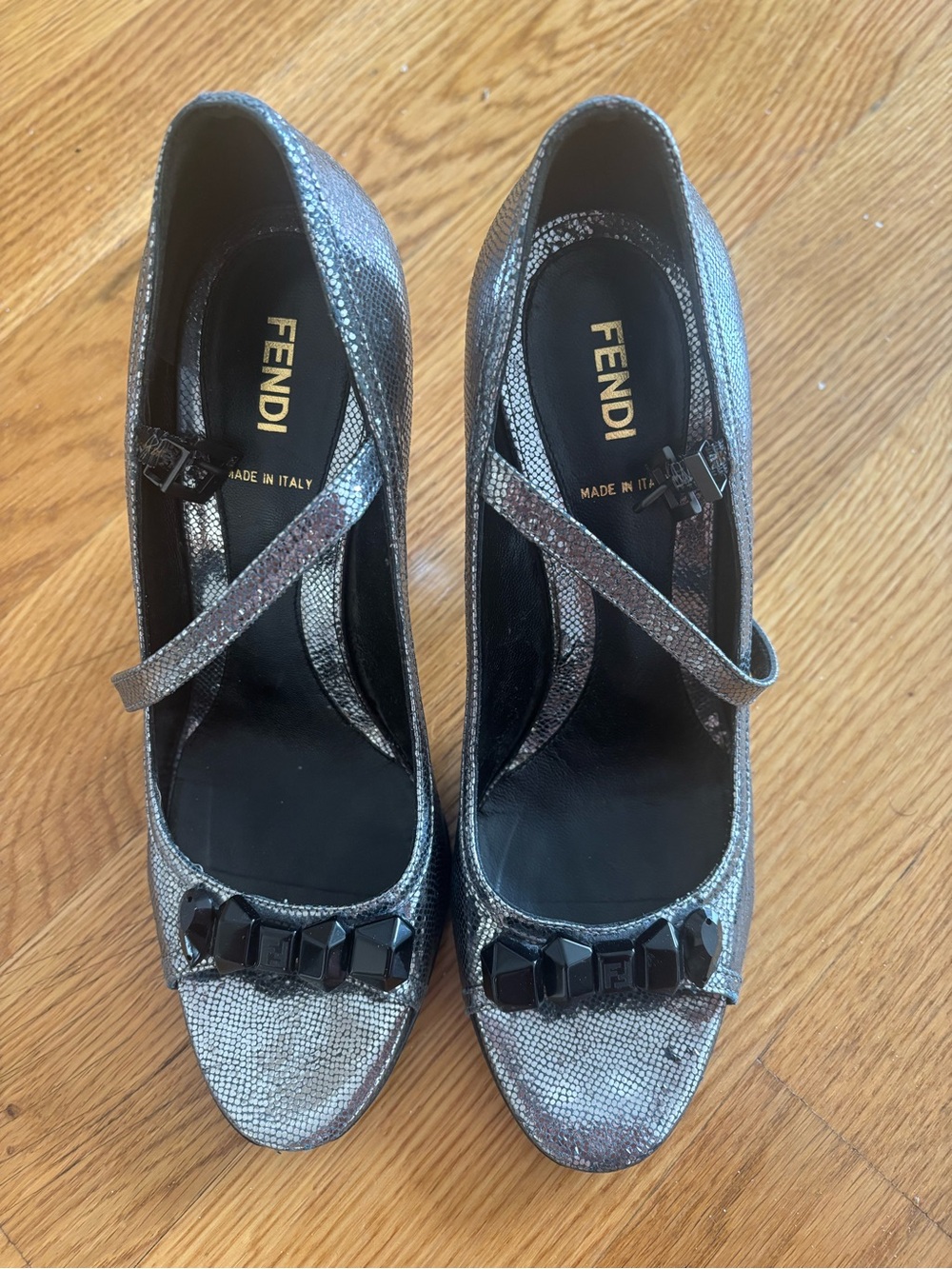 Fendi Silver Textured Mary Jane Open Toe Pumps with Black Gem Accents Size 37